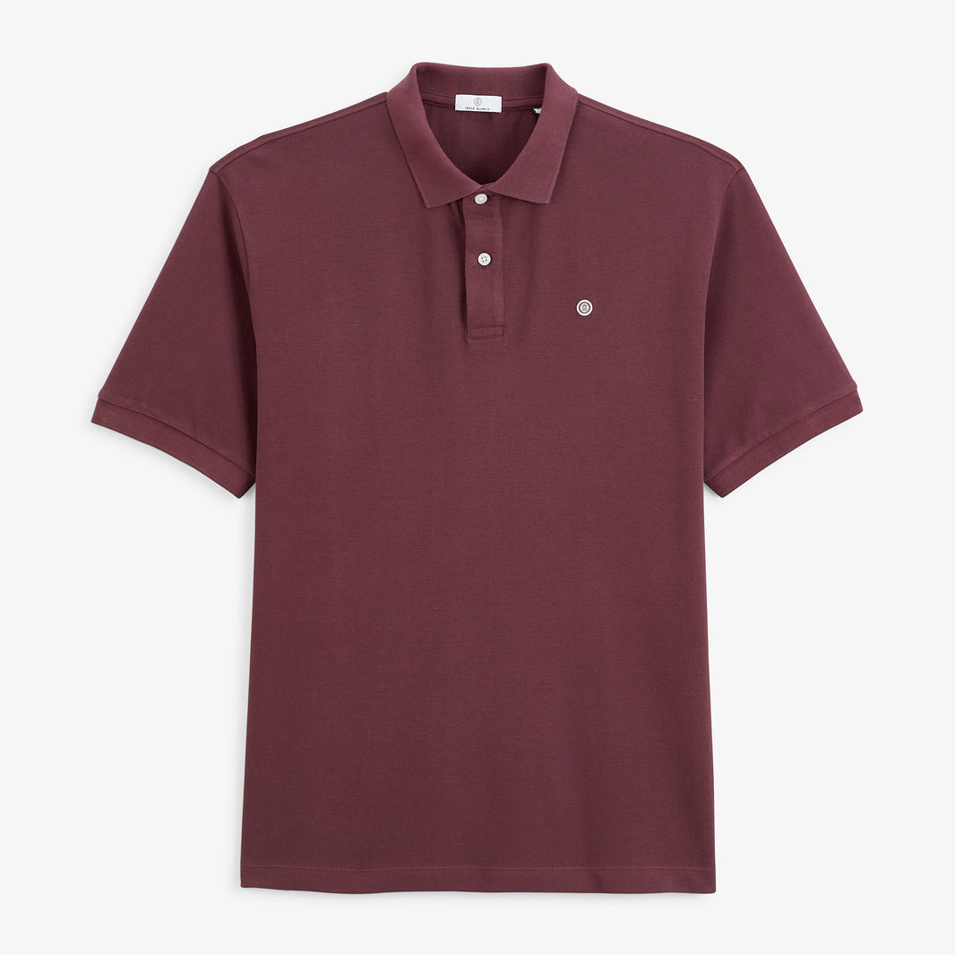 Polo piqué Lucas à manches courtes en coton rouge bordeaux, vue de face.