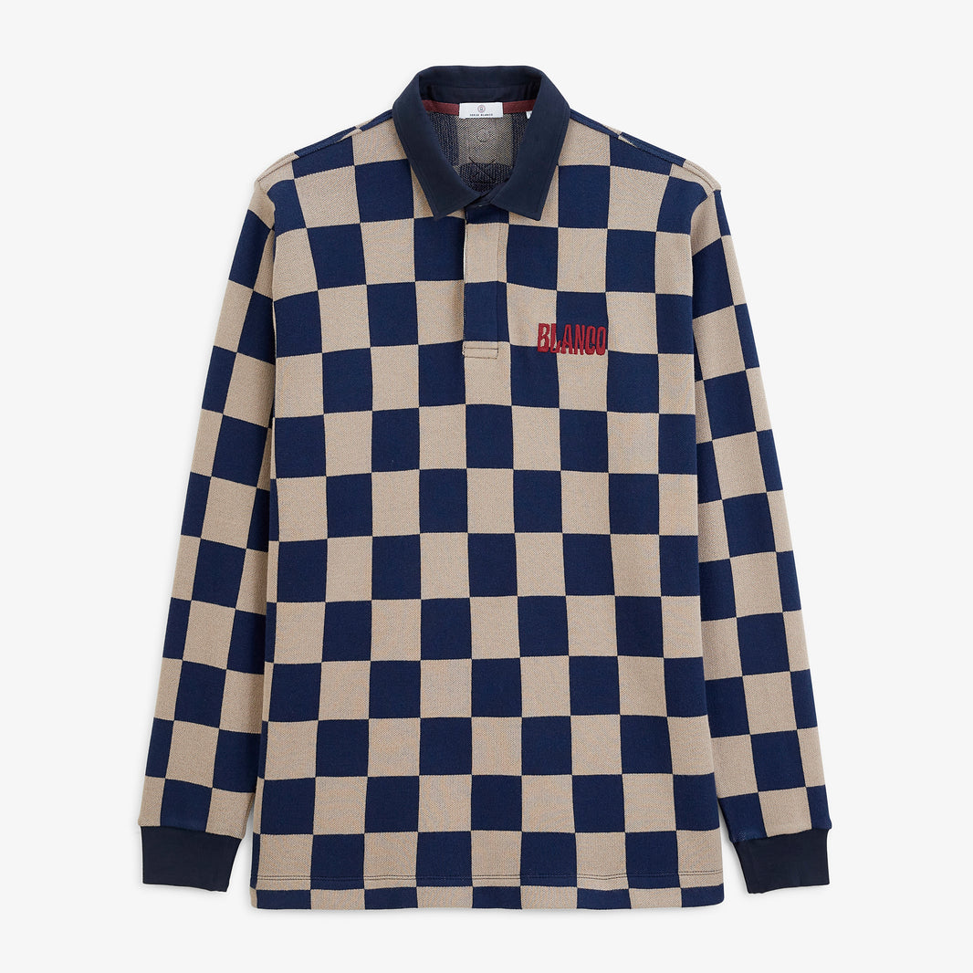 Polo rugby à manches longues en coton à damier bleu marine et beige avec broderie BLANCO, vue de face.