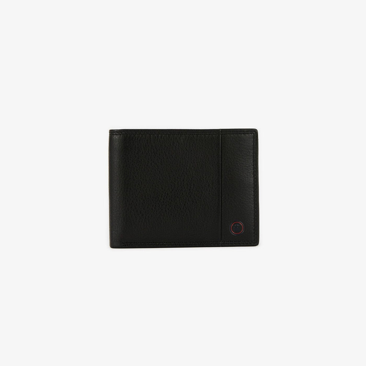 Schwarze italienische Brieftasche „Vancouver“ von SERGE BLANCO, geschlossen, von vorne gesehen, mit rundem Logo unten rechts.