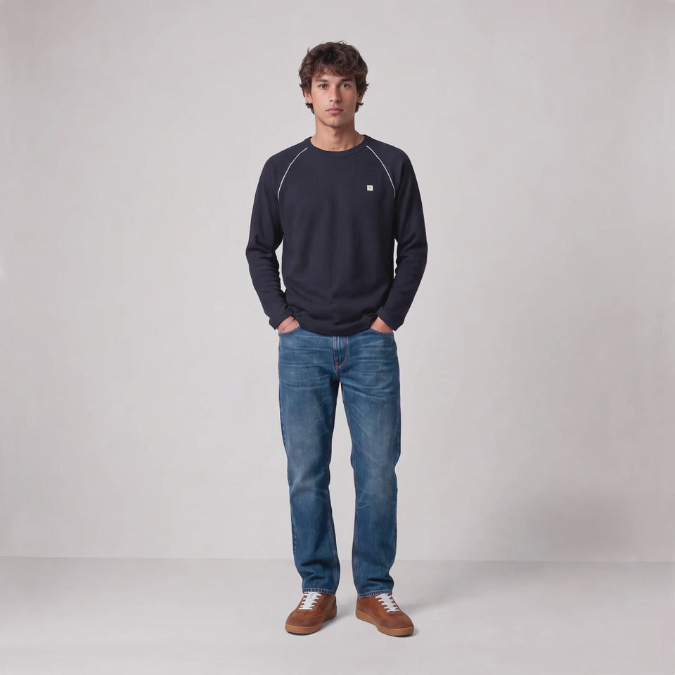 T-shirt manches longues col rond coton gaufré bleu marine SBPLAY