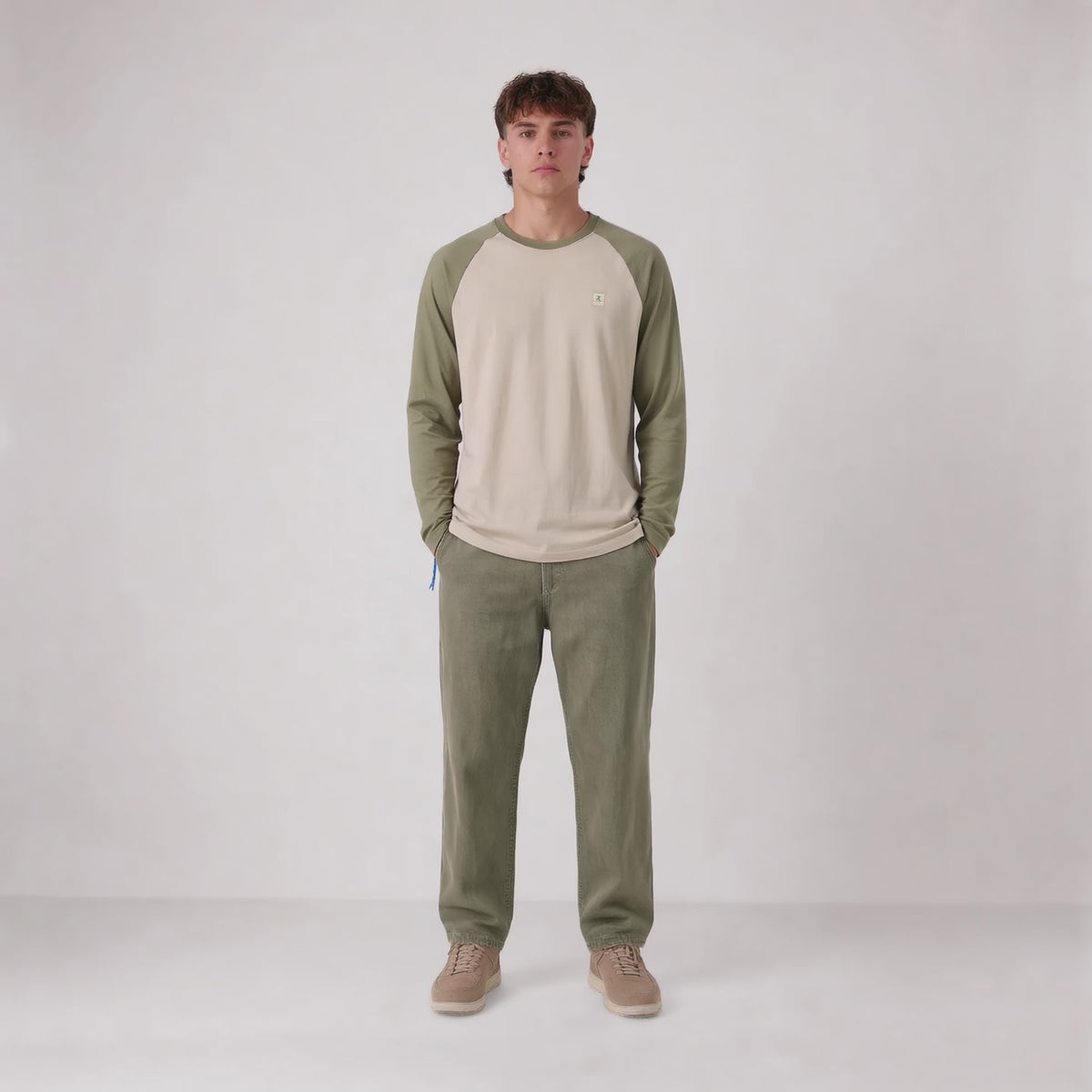 T-shirt manches longues col rond coton imprimé SBPLAY beige et kaki