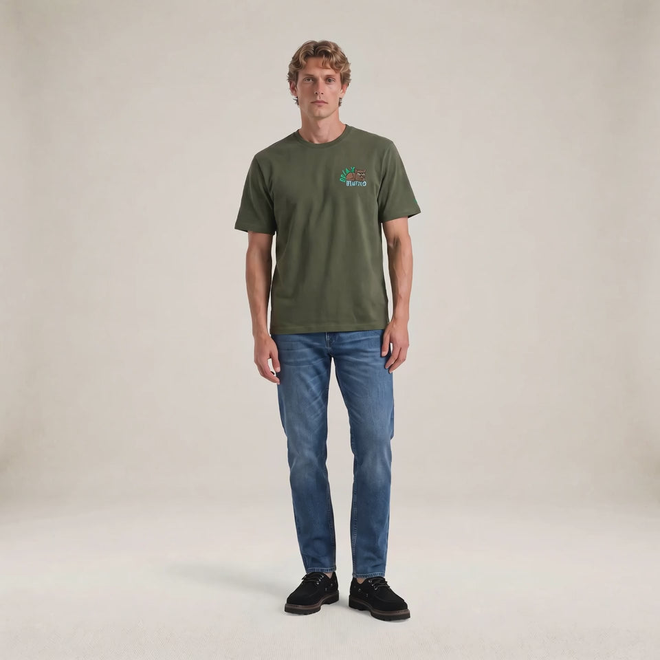T-shirt manches courtes col rond Thor brodé Funky Animals vert thym