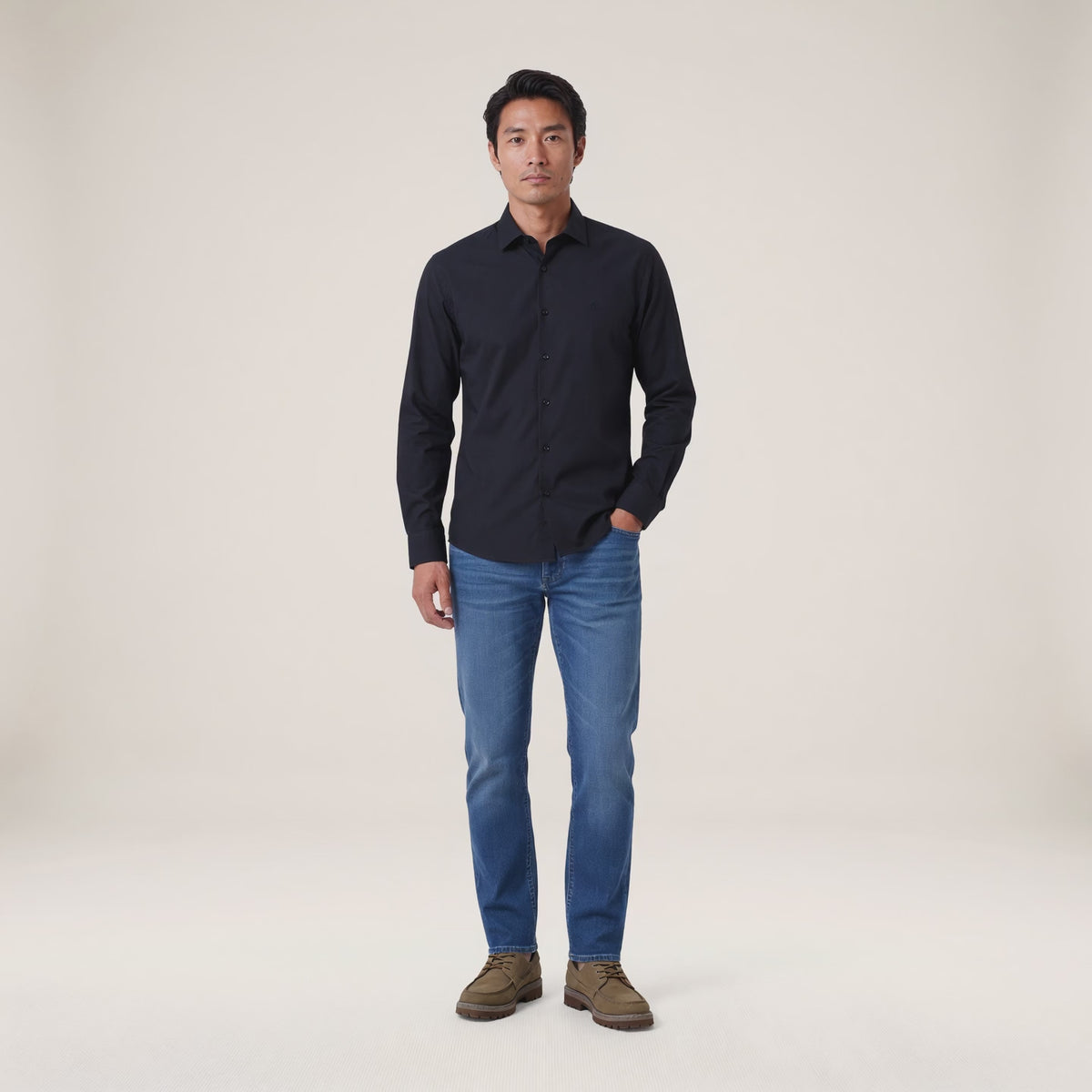 Camicia a maniche lunghe in cotone elasticizzato blu navy