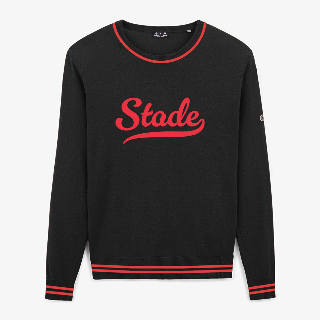 Pull Mason Stade Toulousain noir SERGE BLANCO vu de face, avec motif rouge et finitions rayées.