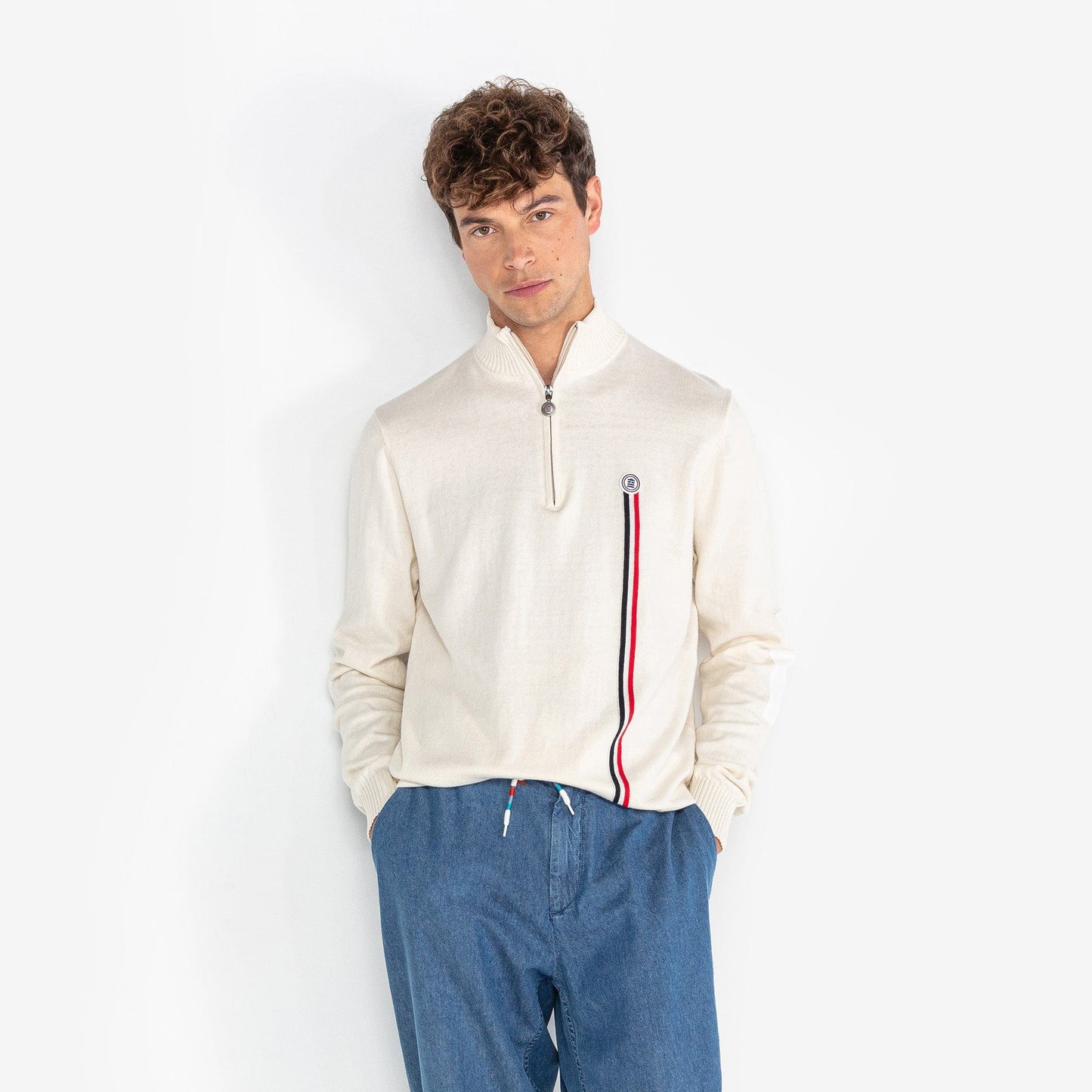 Pull Merton Col Zippé Off White Badge Tricolore Homme SERGE BLANCO