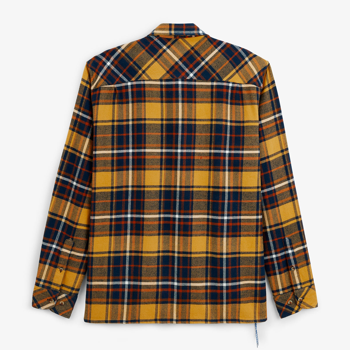 Camicia a quadri tartan giallo senape SBPLAY, vista da dietro.