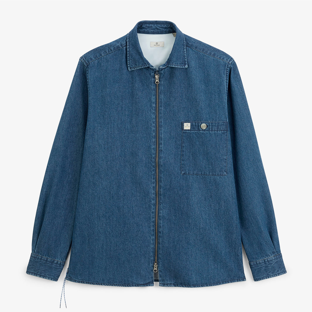 Surchemise zippée en denim bleu SBPLAY, vue de face.