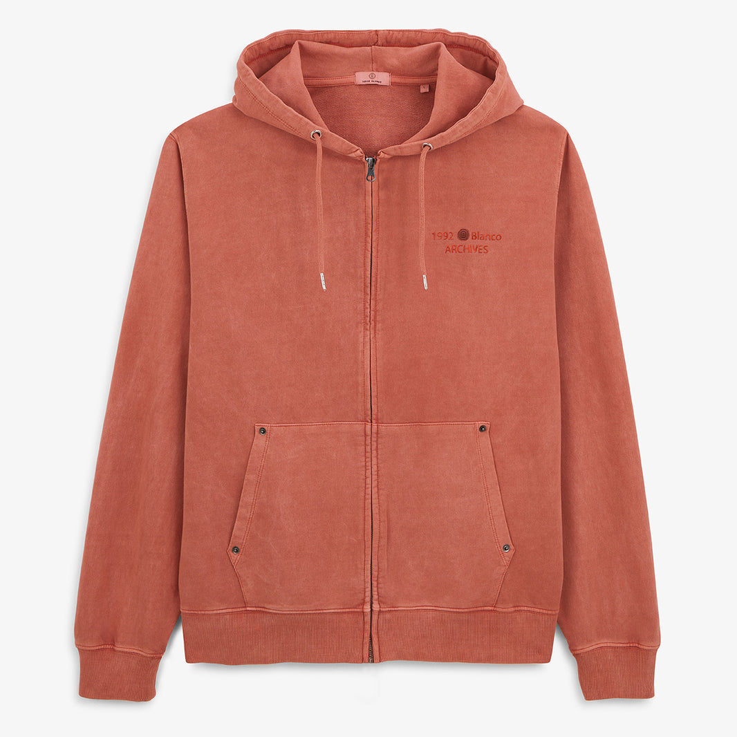Felpa con cappuccio e zip, effetto invecchiato, in cotone arancione ruggine da uomo SERGE BLANCO