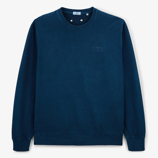 Men's round neck sweatshirt in opal blue cotton with old dye effect SERGE BLANCO