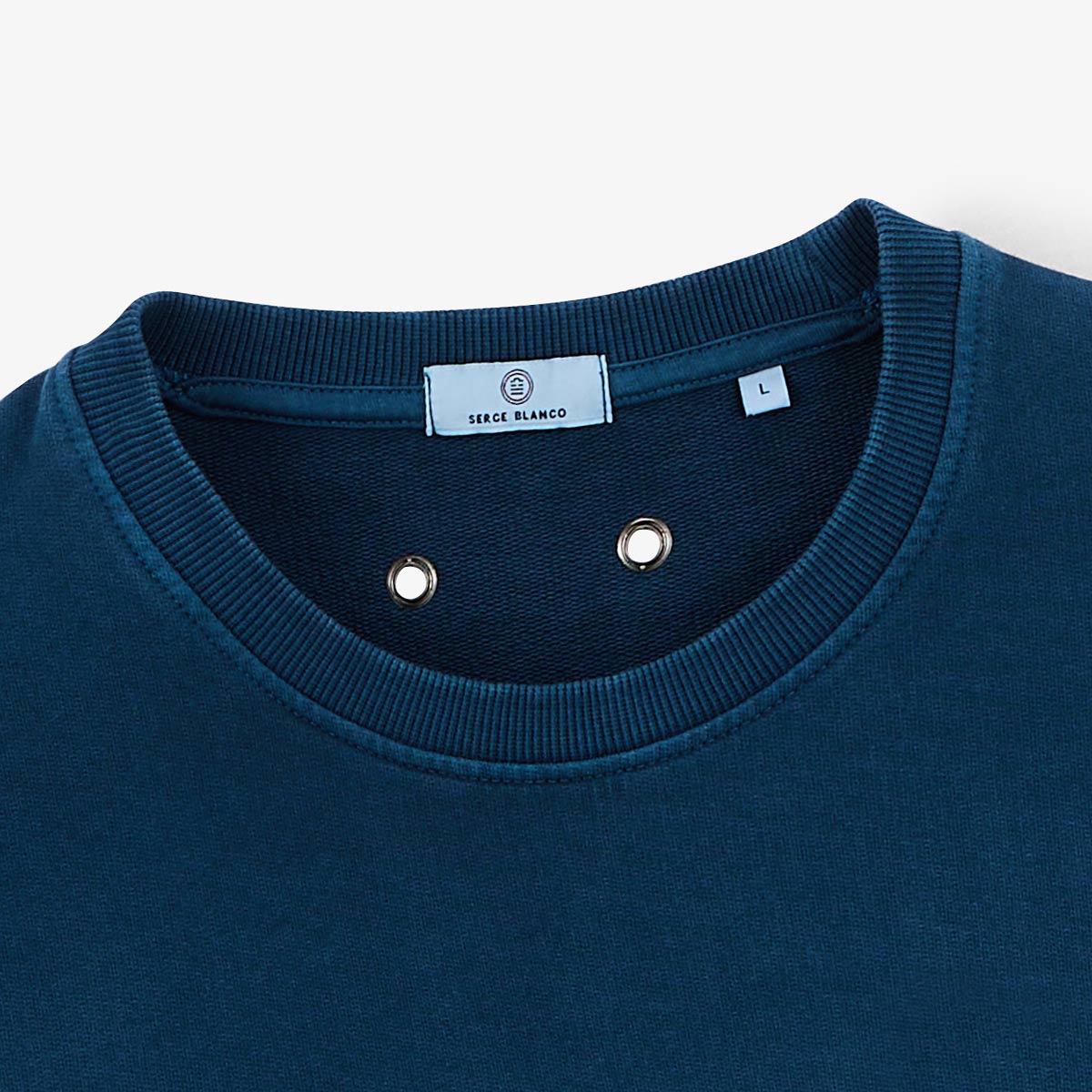 Men's round neck sweatshirt in opal blue cotton with old dye effect SERGE BLANCO