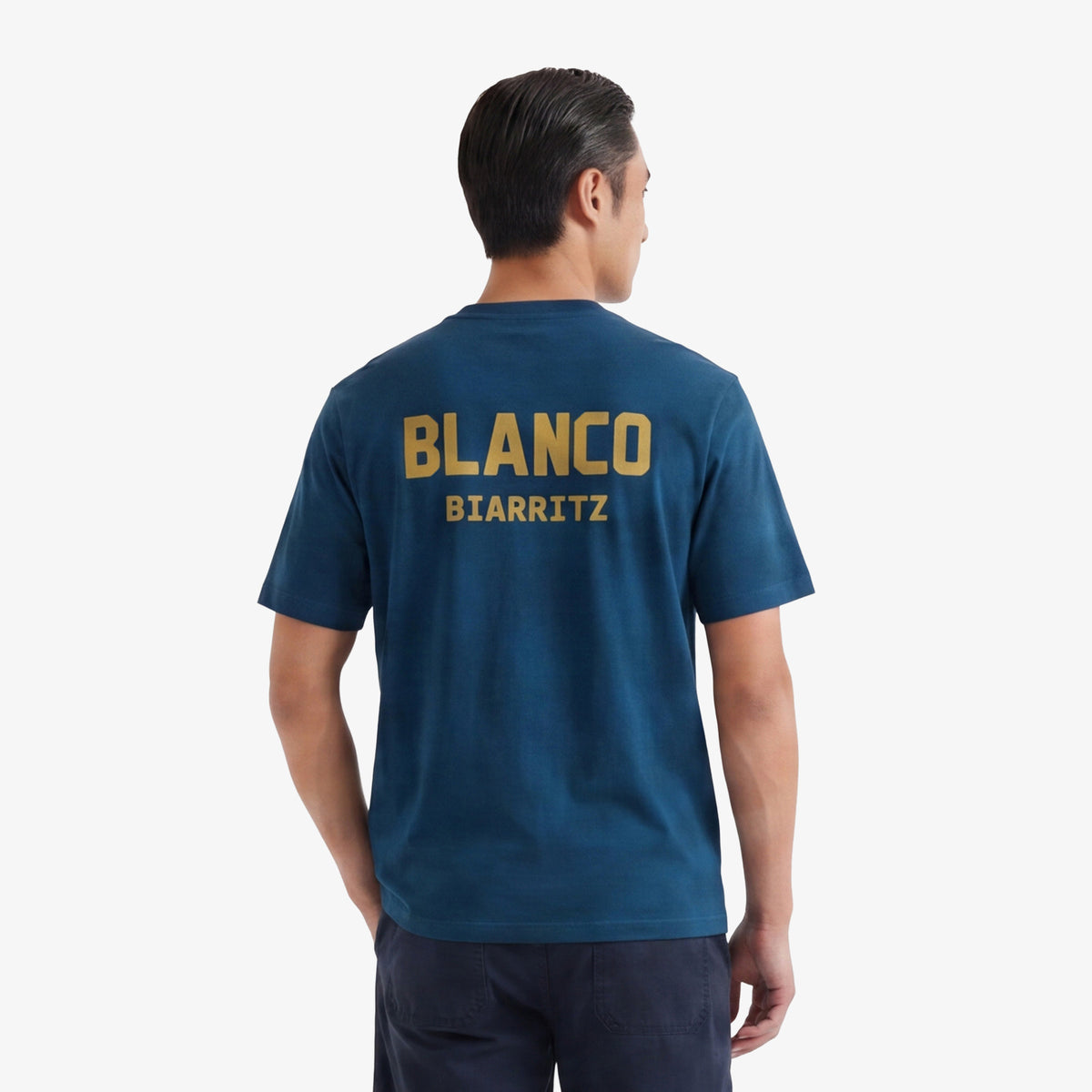 Maglietta girocollo blu opale in cotone stampato sul retro BLANCO BIARRITZ