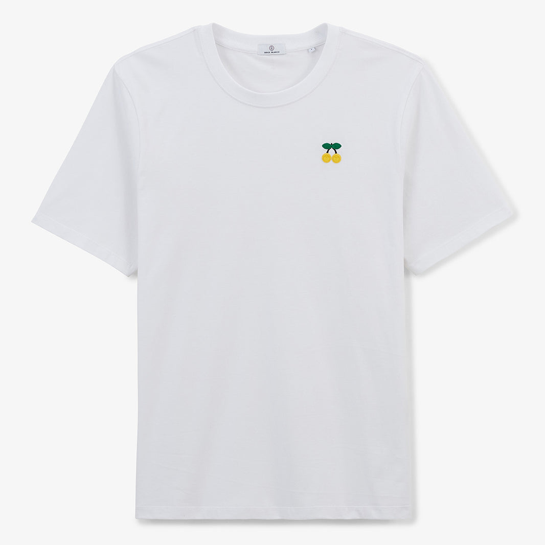 T-Shirt mit Rundhalsausschnitt aus weißer Baumwolle, Stickerei mit gelben Kirschen auf der Brust, HERREN SERGE BLANCO