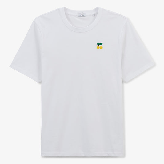 Maglietta girocollo in cotone bianco con ricamo sul petto a forma di ciliegie gialle UOMO SERGE BLANCO