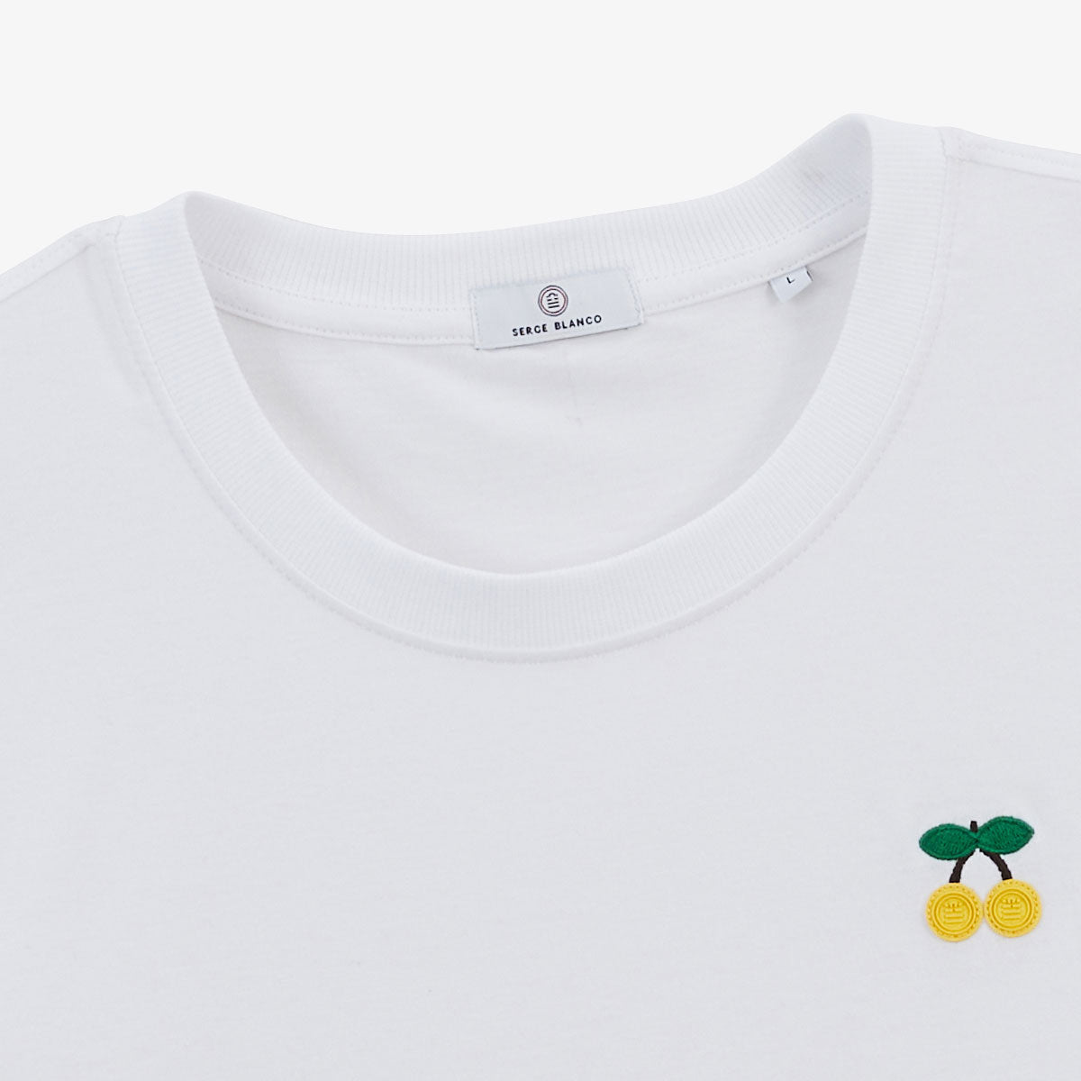 Maglietta girocollo in cotone bianco con ricamo sul petto a forma di ciliegie gialle UOMO SERGE BLANCO