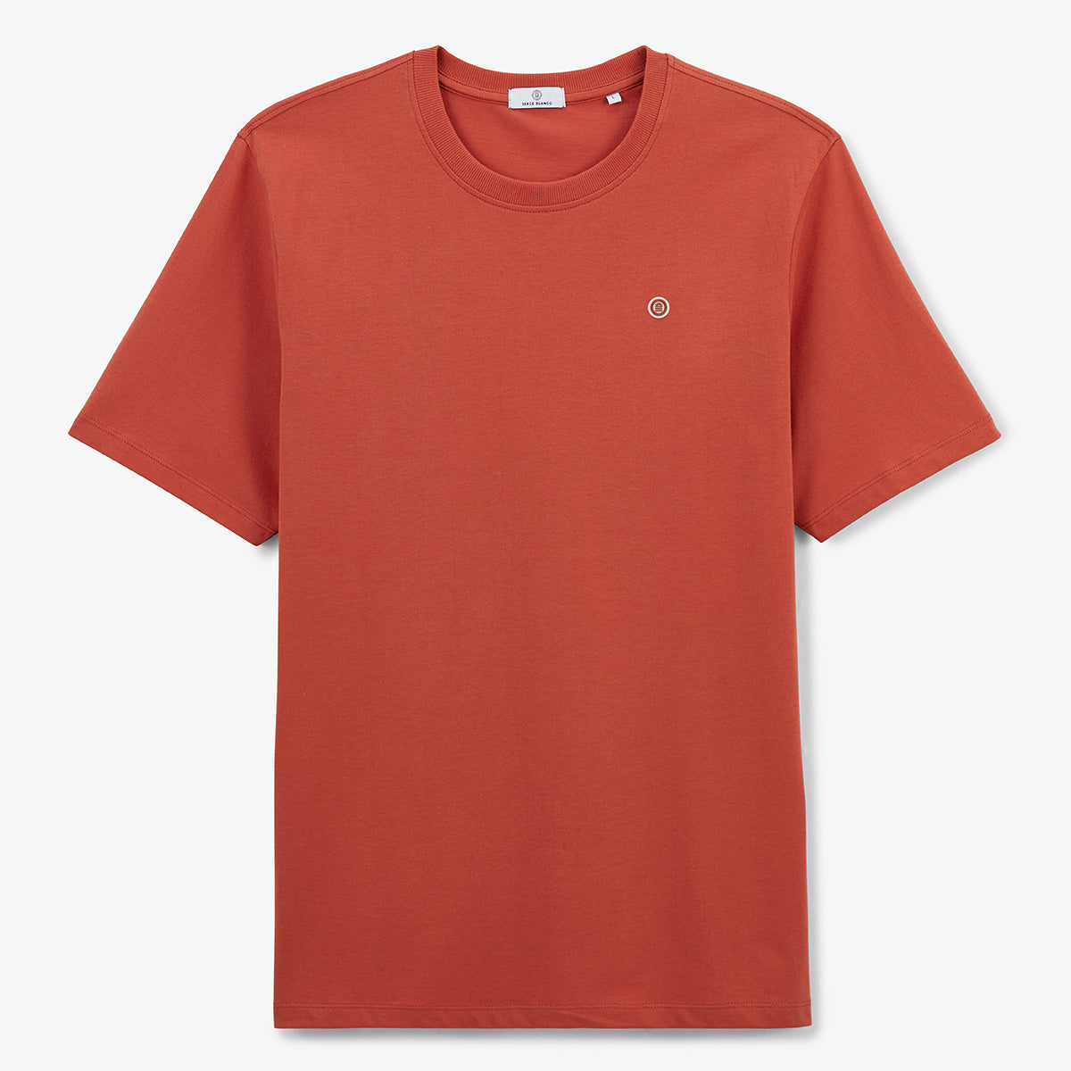 Men's round neck cotton T-shirt with rust orange surf print on the back by SERGE BLANCO