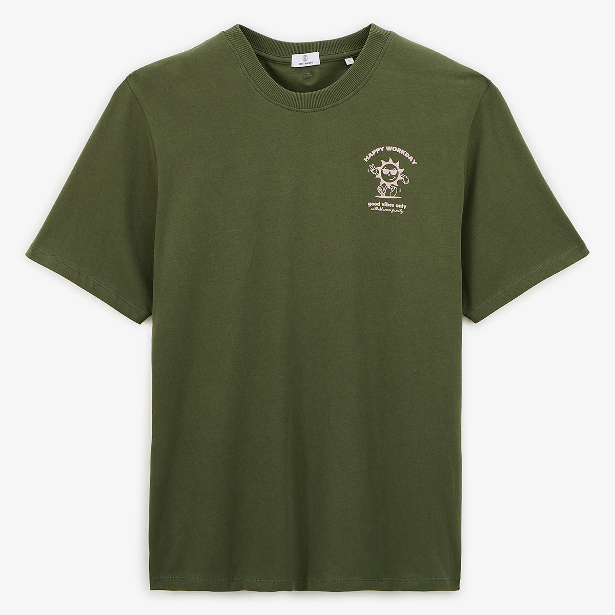 T-shirt col rond en coton imprime poitrine vert militaire HOMME SERGE BLANCO