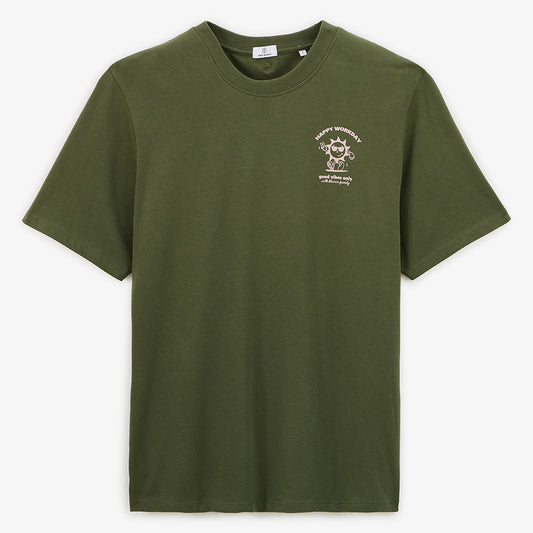 T-shirt col rond en coton imprime poitrine vert militaire HOMME SERGE BLANCO