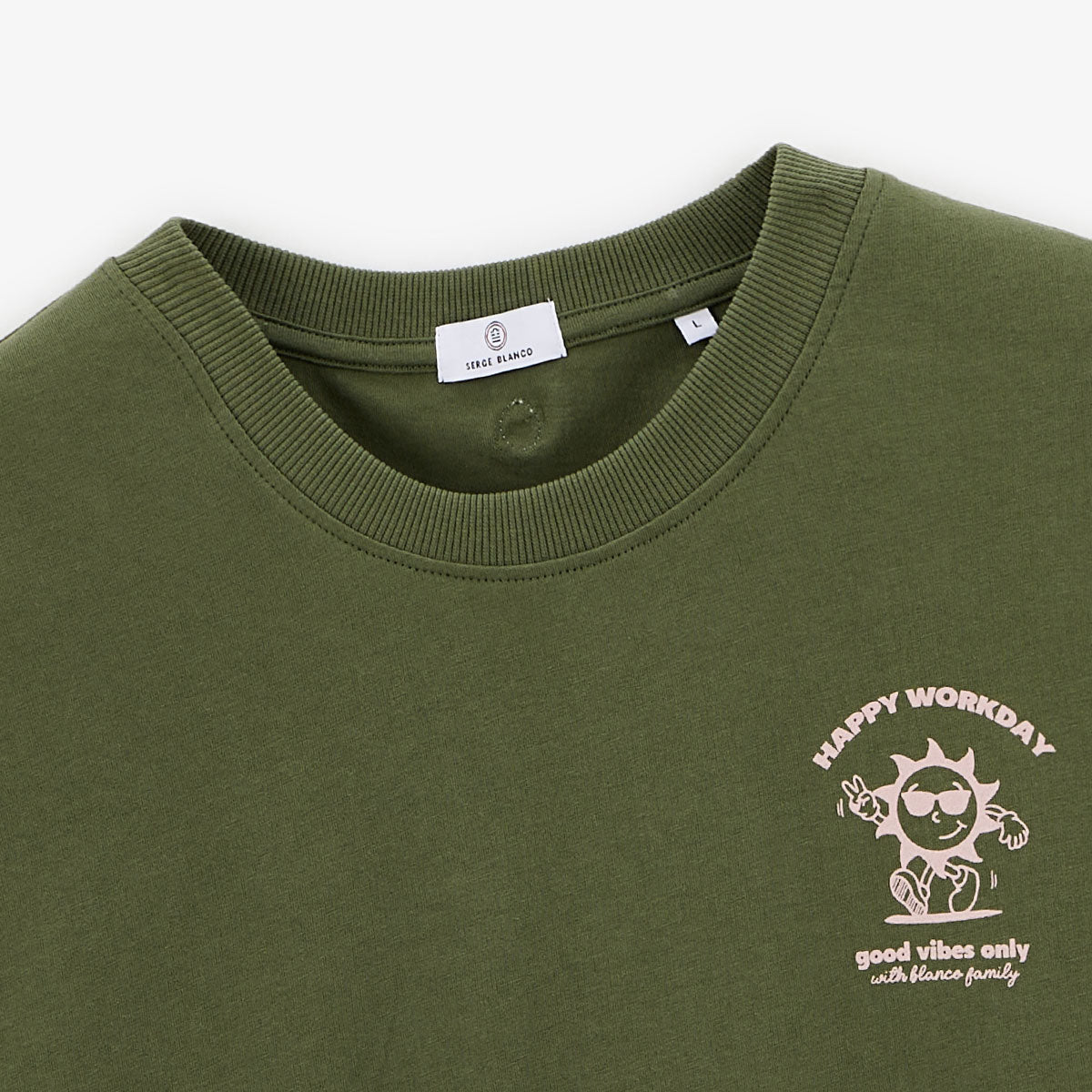 T-shirt col rond en coton imprime poitrine vert militaire HOMME SERGE BLANCO