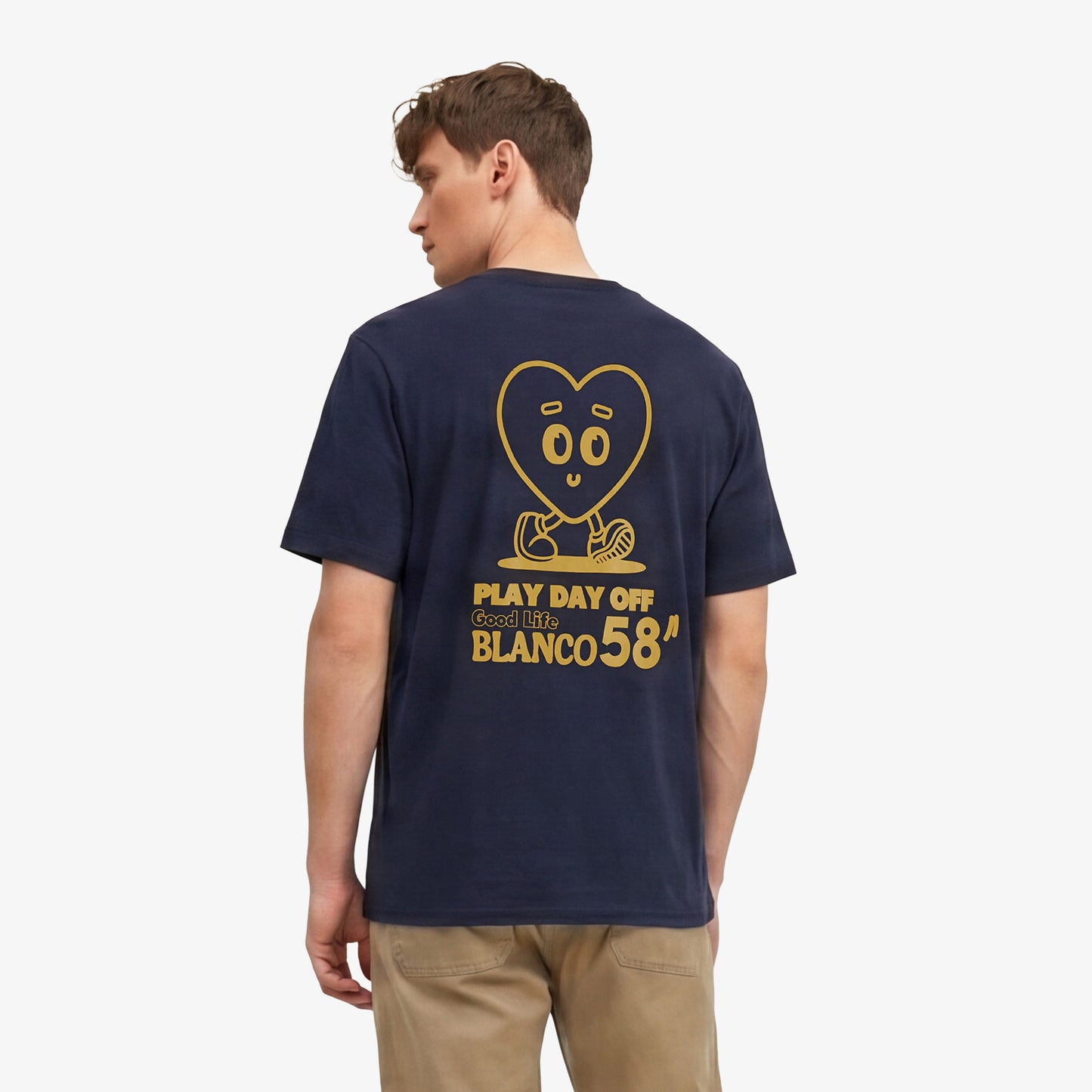 Round neck T-shirt in printed cotton jersey with navy blue back