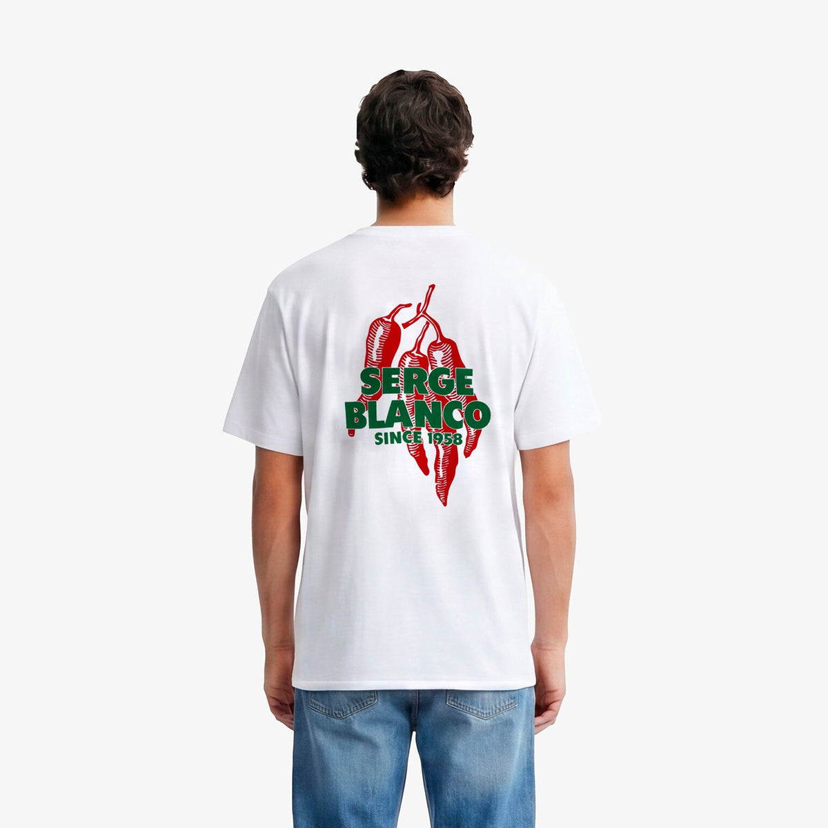 T-Shirt mit Rundhalsausschnitt und Chili-Print auf der Rückseite aus weißer Baumwolle