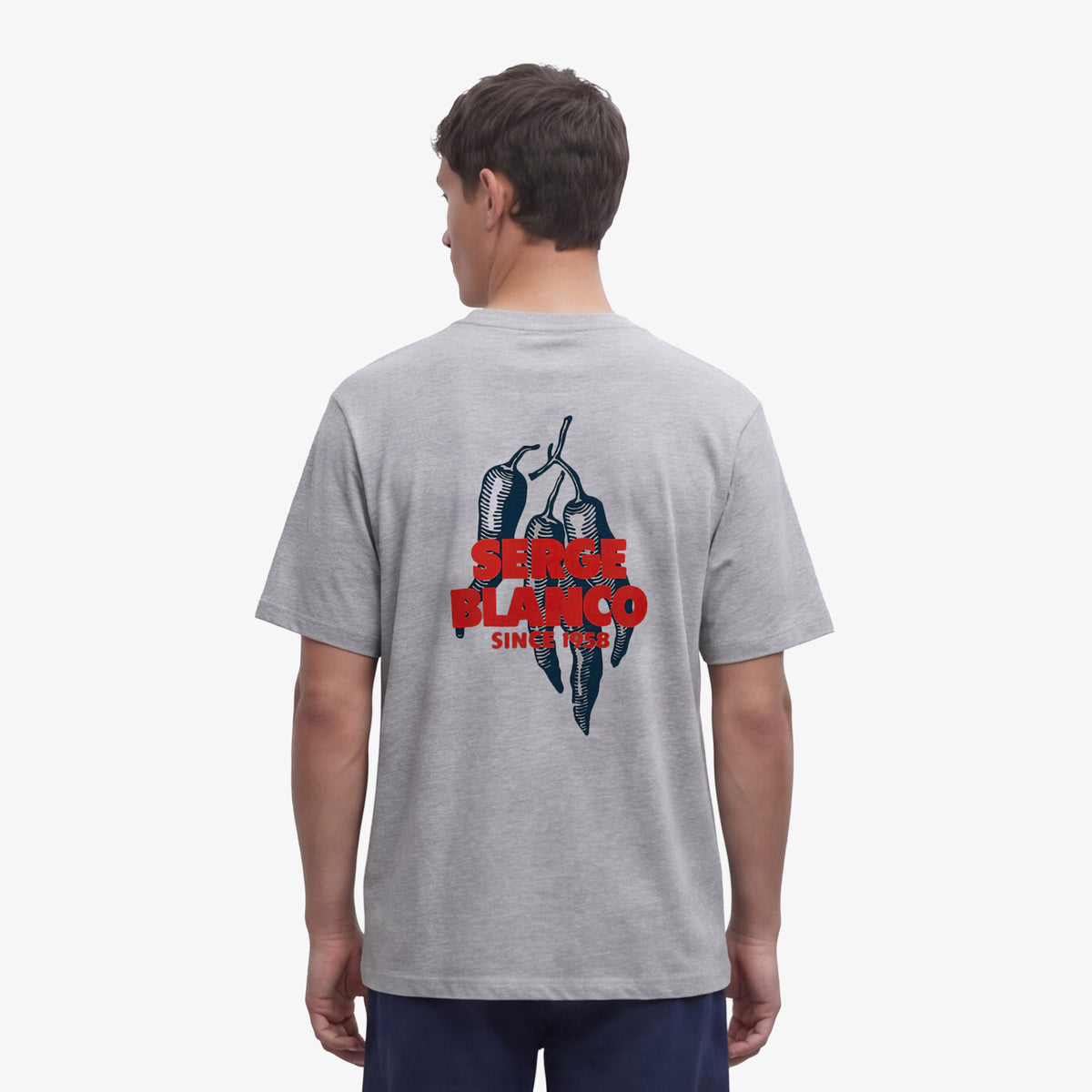 Round neck T-shirt with chili pepper print on the back, in heather gray cotton