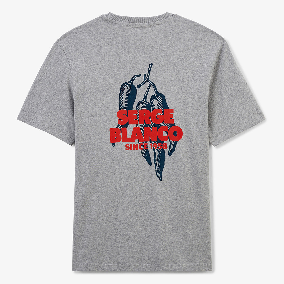 T-shirt met ronde hals en chilipeperprint op de achterkant, van grijs gemêleerd katoen HEREN SERGE BLANCO