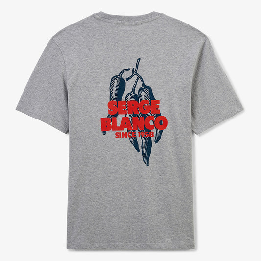 T-shirt met ronde hals en chilipeperprint op de achterkant, van grijs gemêleerd katoen HEREN SERGE BLANCO