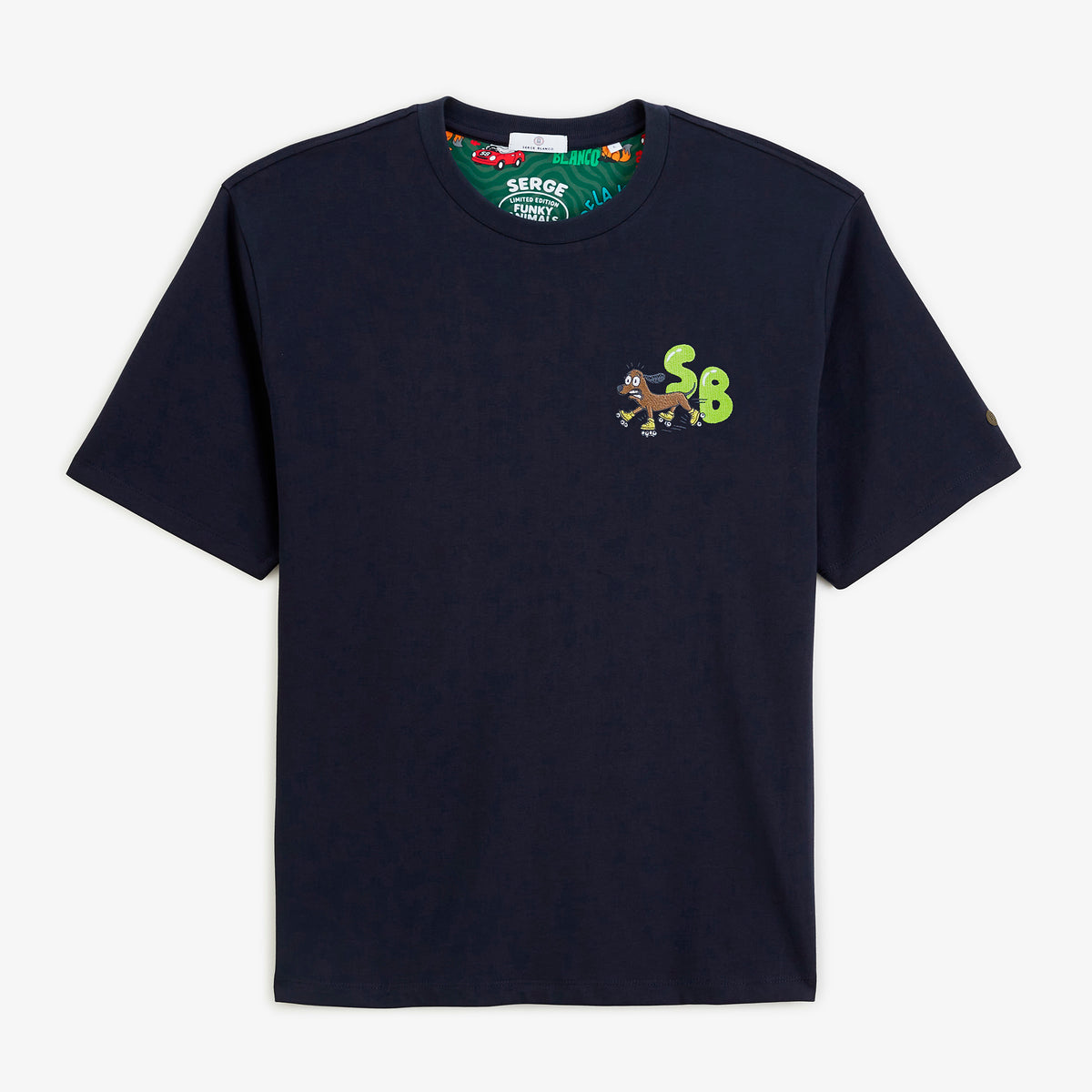 Maglietta a maniche corte con collo rotondo, con ricamo “Thor” di Funky Animals, blu navy, in twill, da uomo, Blanco