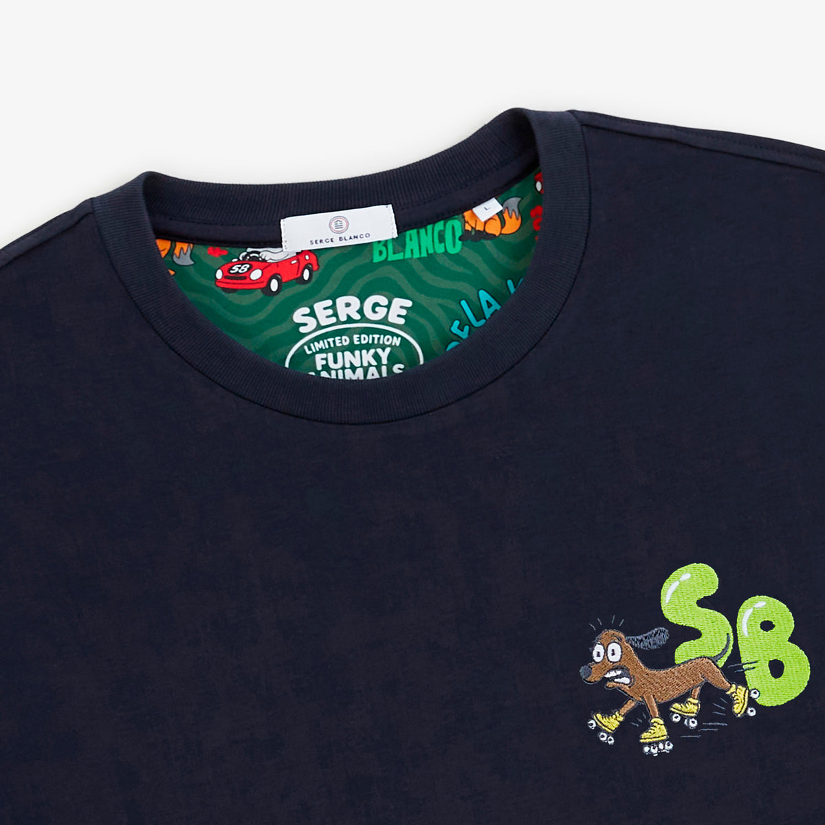 Maglietta a maniche corte con collo rotondo, con ricamo “Thor” di Funky Animals, blu navy, in twill, da uomo, Blanco