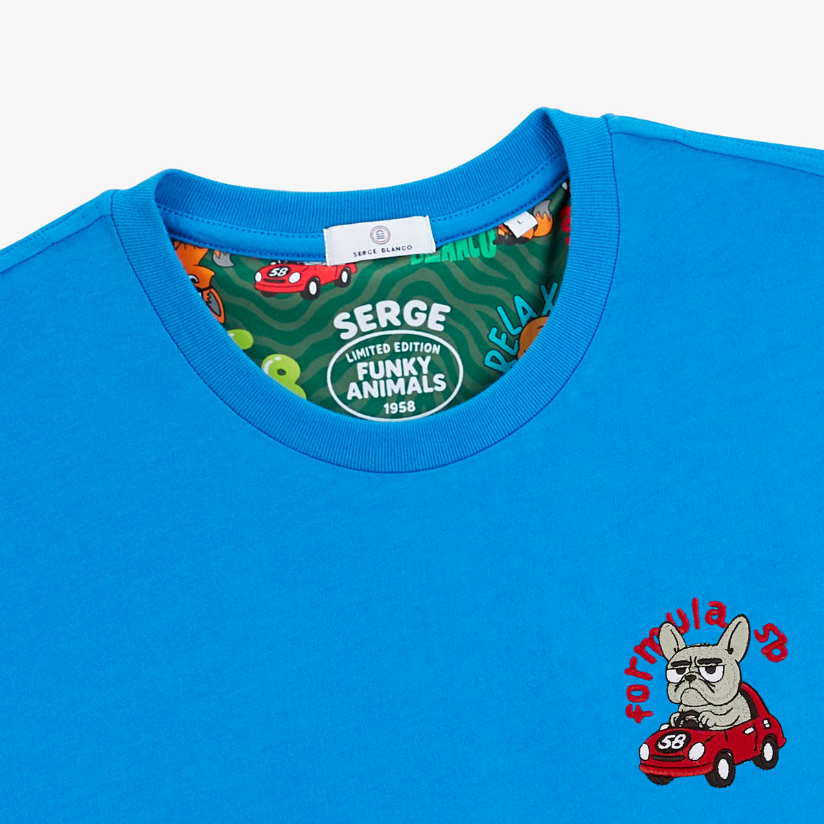 Maglietta a maniche corte con collo rotondo, ricamo “Thor” della linea Funky Animals, blu reale, in cotone, da uomo, in tessuto saia, Blanco