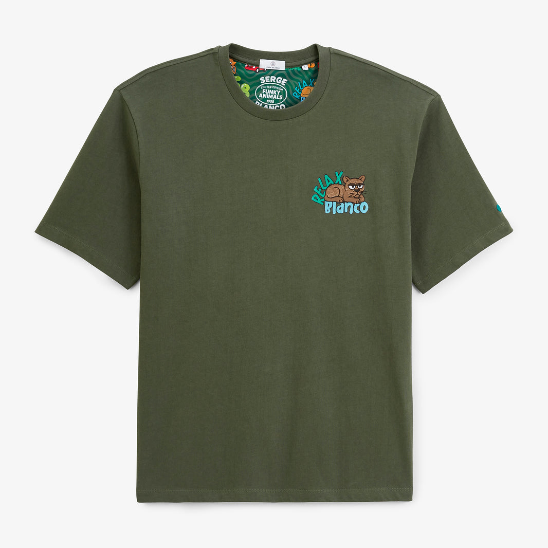 T-shirt manches courtes col rond Thor brodé Funky Animals vert thym coton homme serge blanco