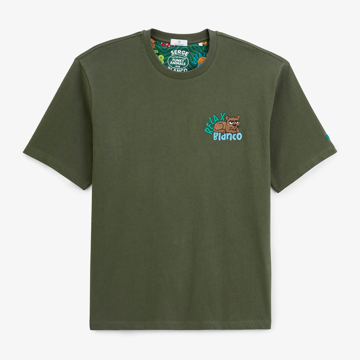 Funky Animals Embroidered Thor Short-Sleeve Round-Neck T-Shirt, Thyme Green, Men's Cotton Twill, Blanco