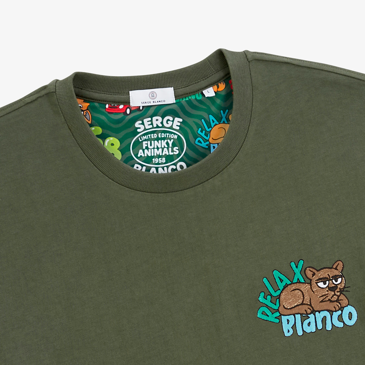 Funky Animals Embroidered Thor Short-Sleeve Round-Neck T-Shirt, Thyme Green, Men's Cotton Twill, Blanco