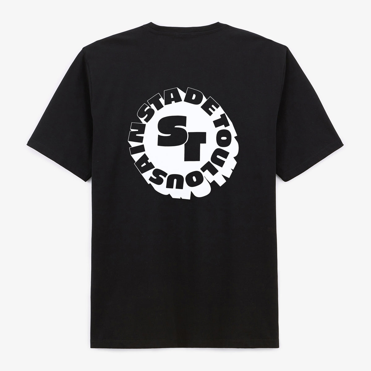 Black "ST 3D" Stade Toulousain T-shirt, shown laid flat, viewed from the back with a large white design.