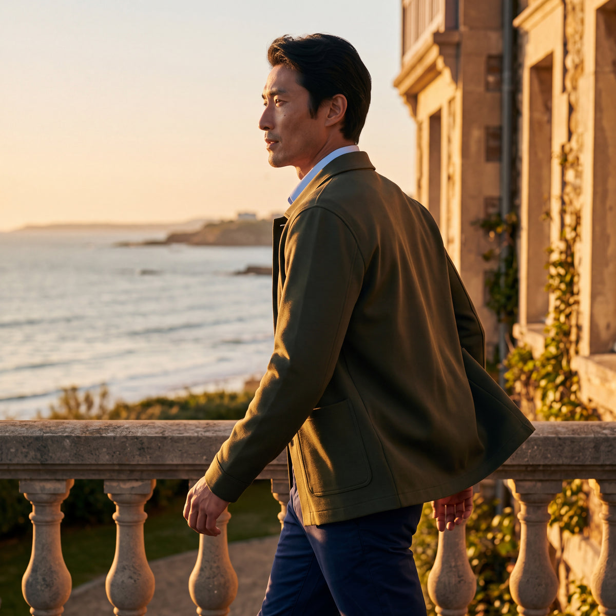A brown Wendel work jacket worn by a model, seen in profile outdoors.