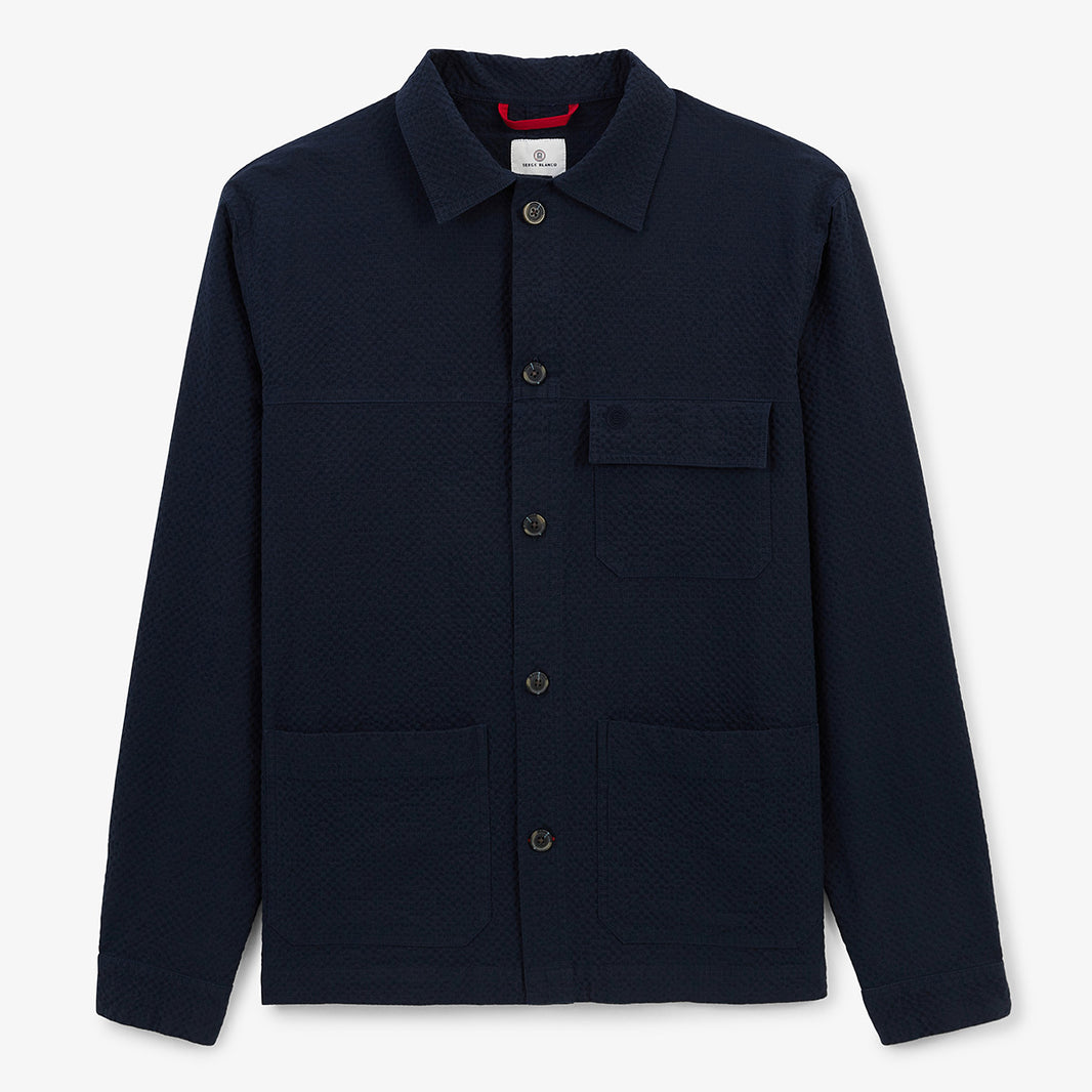 Marineblauw seersucker-werkjack van Wilfried HOMME SERGE BLANCO