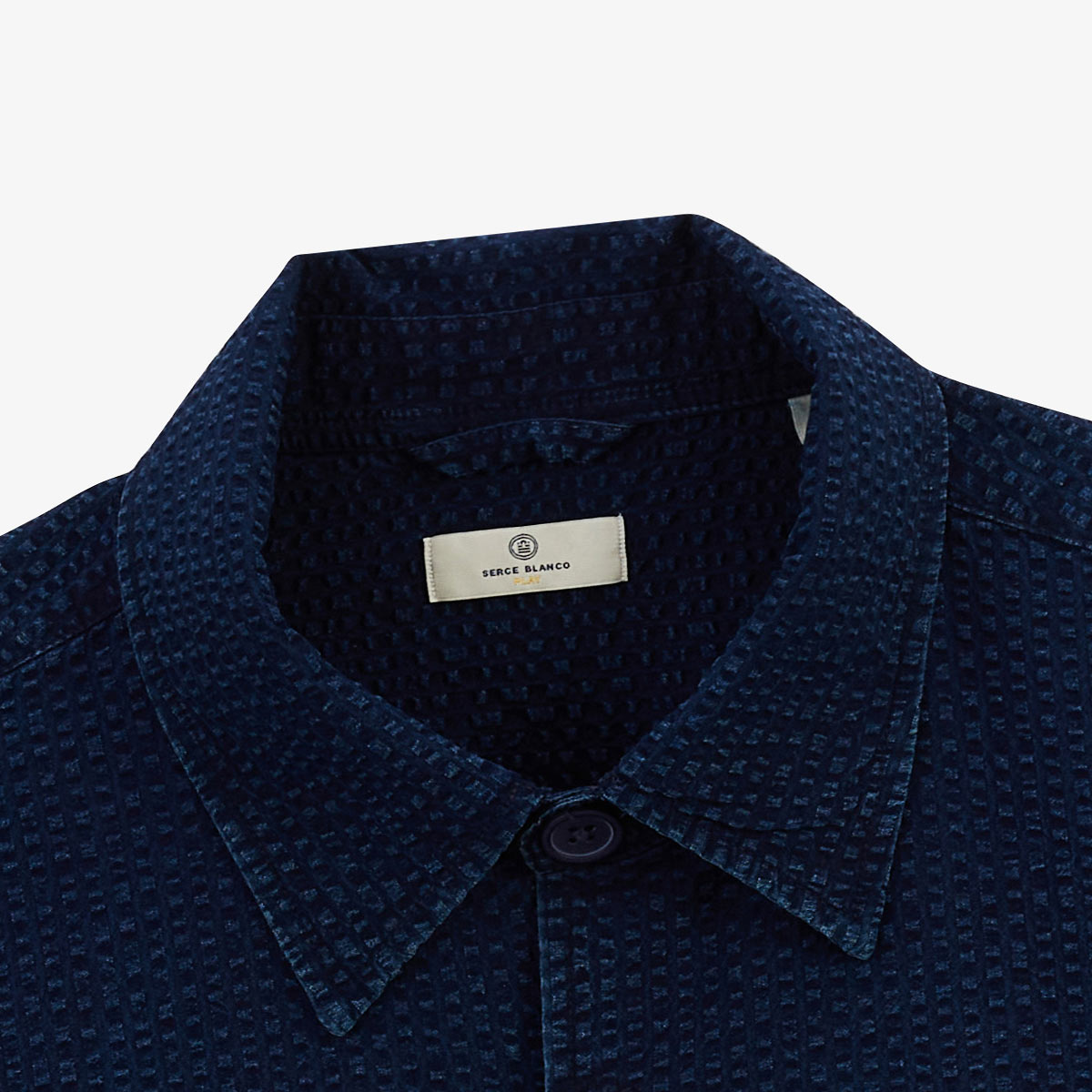 Werkjas van indigo blauw seersucker Wilfried HEREN SERGE BLANCO