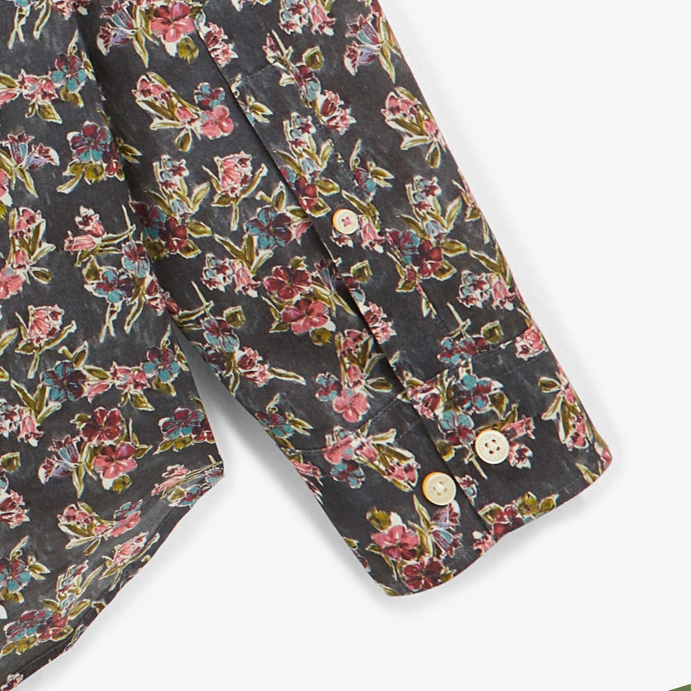 Olivgrünes Langarmhemd aus geblümtem Stoff