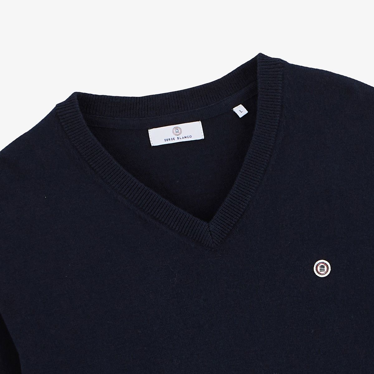 Pullover mit V-Ausschnitt aus Baumwolle und Wolle in Dunkelblau Milane Serge Blanco