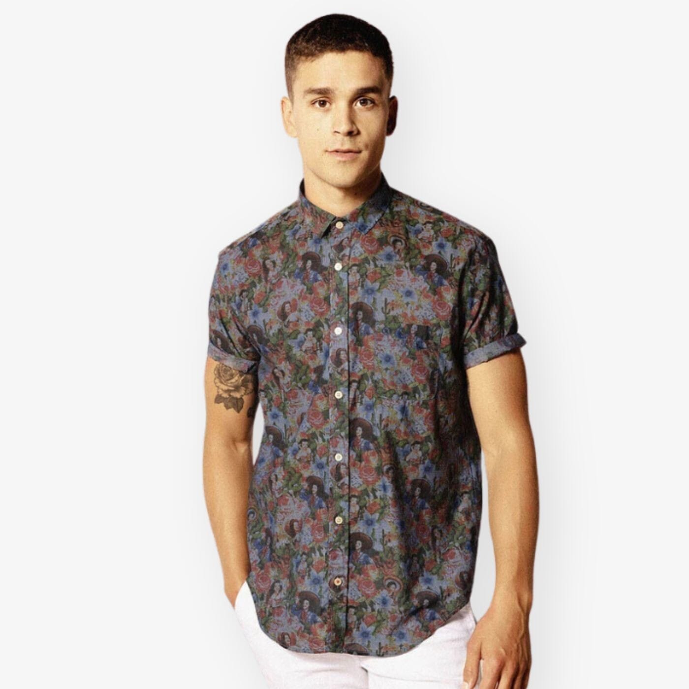 Short-Sleeved Shirt in Pin-Up Patterned Fabric