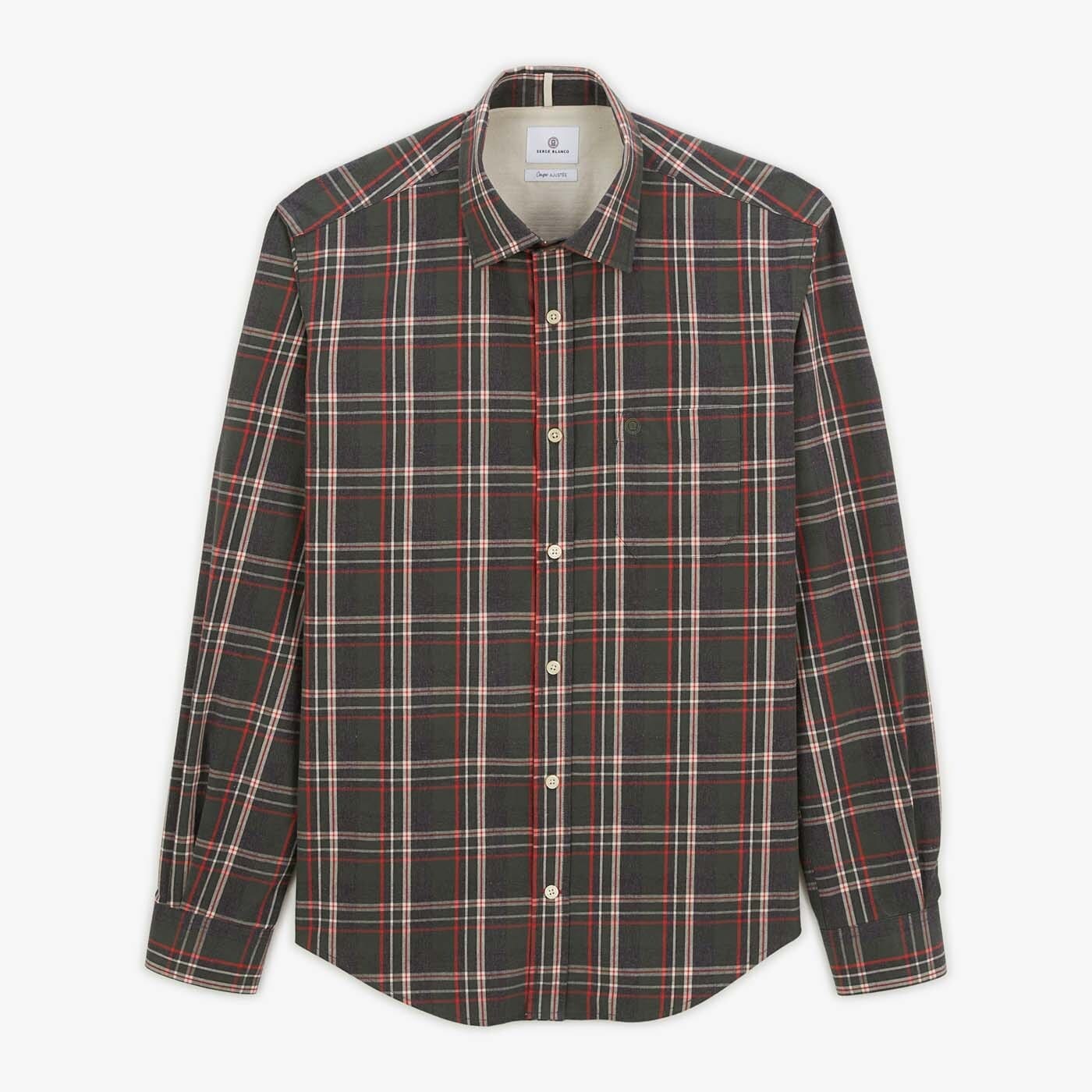 Long-sleeved shirt with pine green check pattern
