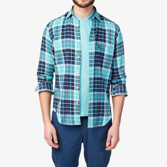 Indigo plaid long-sleeved shirt