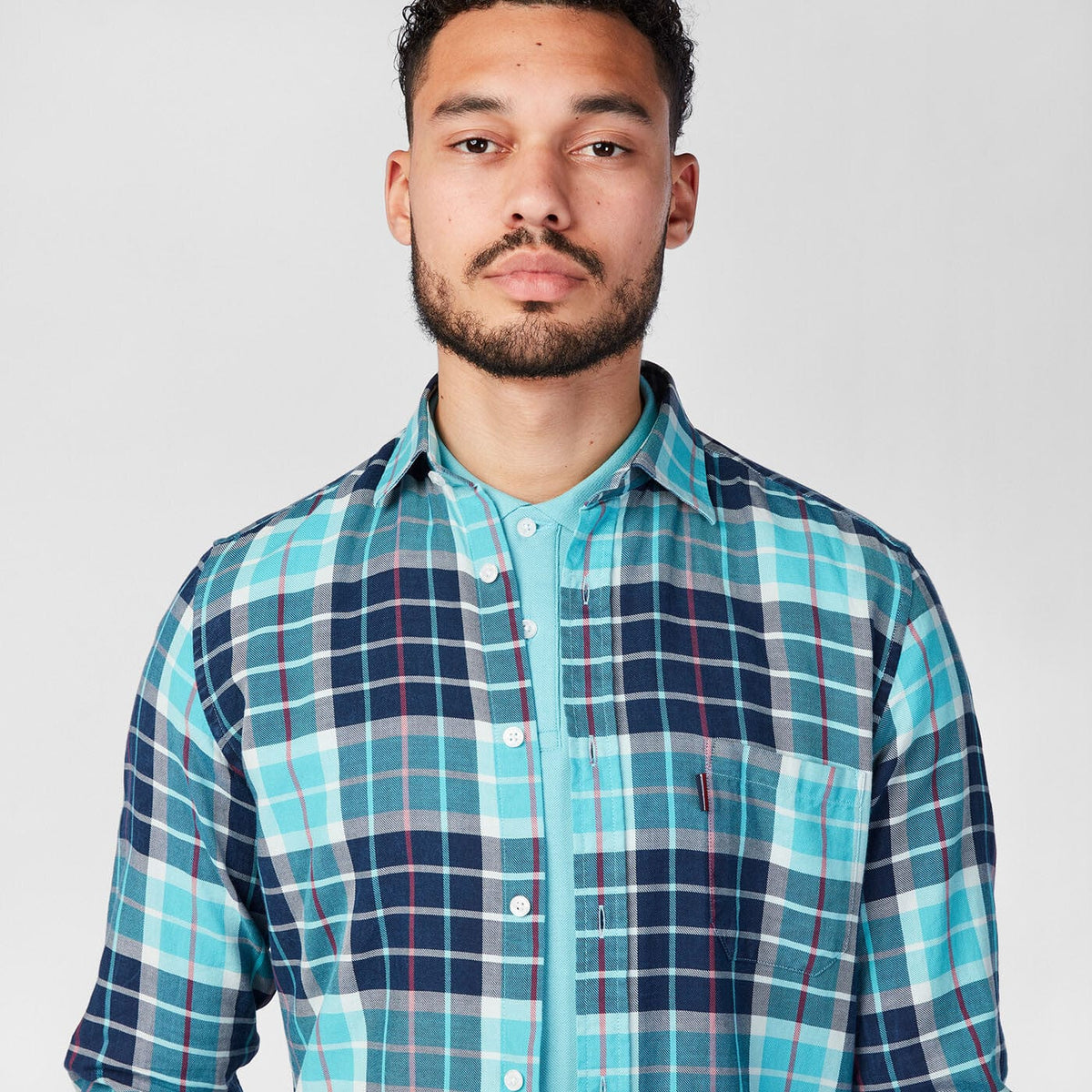 Indigo plaid long-sleeved shirt