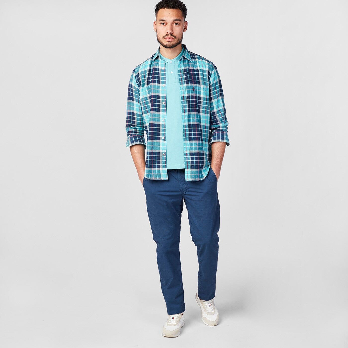 Indigo plaid long-sleeved shirt