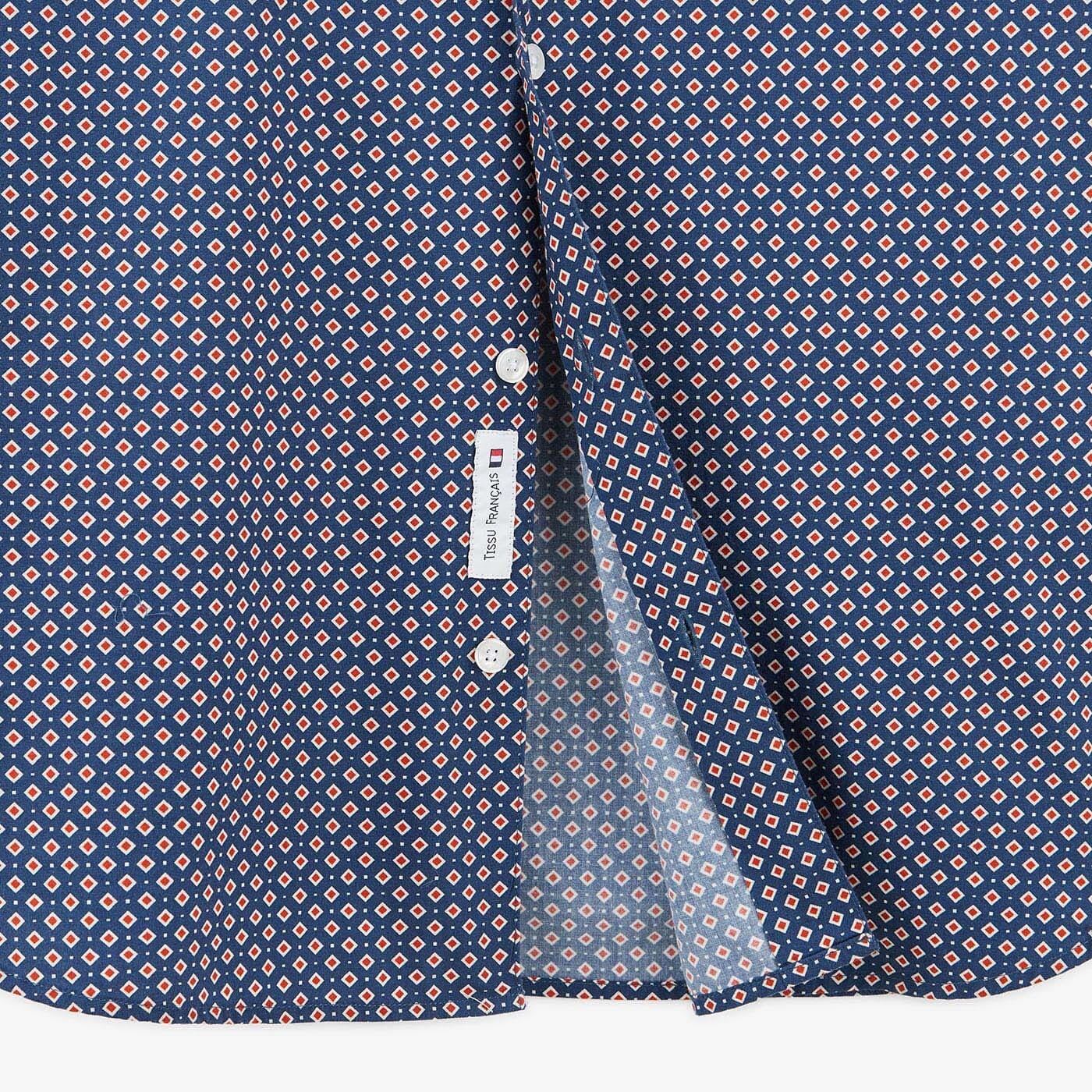 Dark blue geometric print long-sleeved cotton shirt