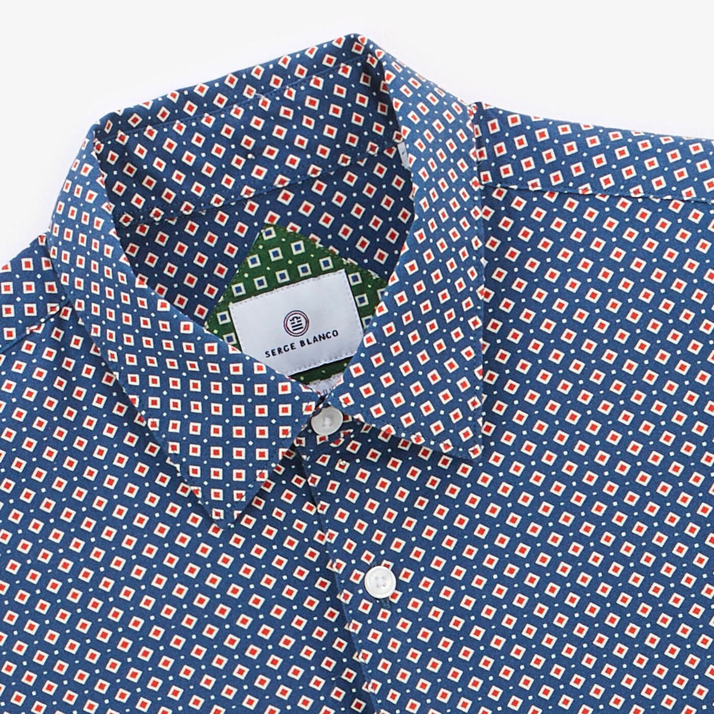 Dark blue geometric print long-sleeved cotton shirt