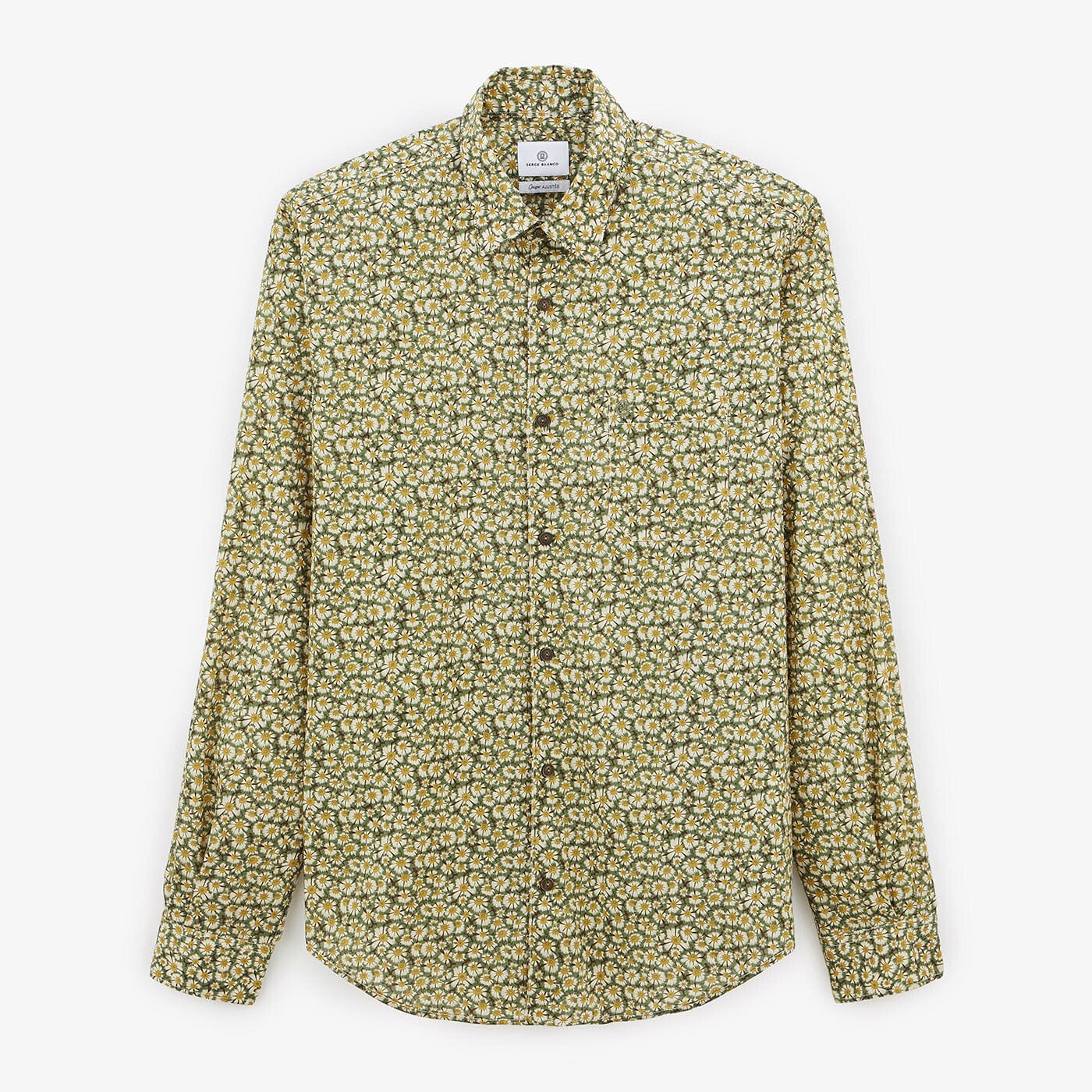 Olive green daisy long-sleeved cotton shirt