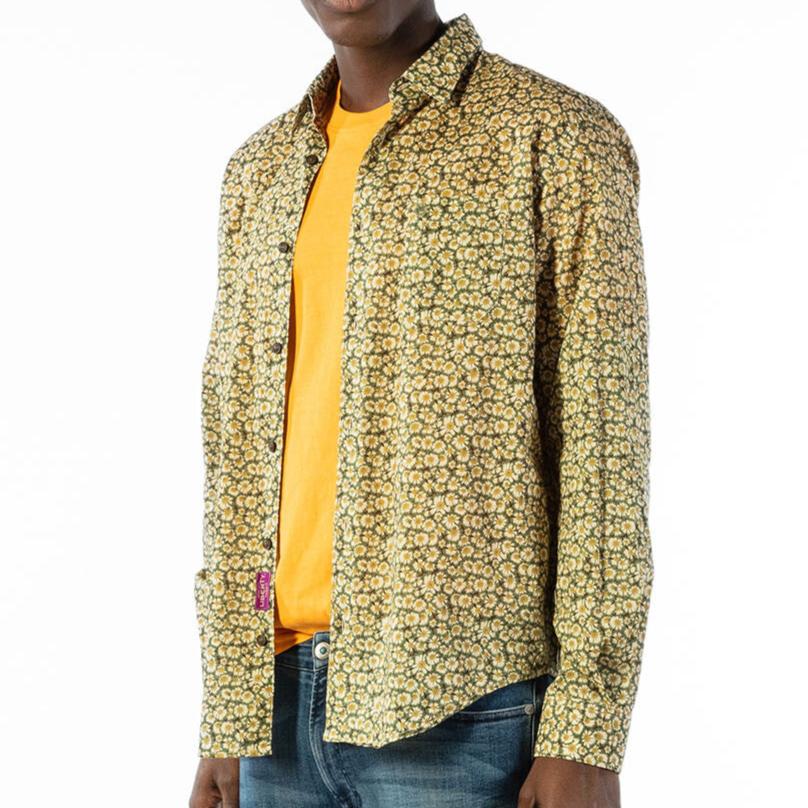 Olive green daisy long-sleeved cotton shirt