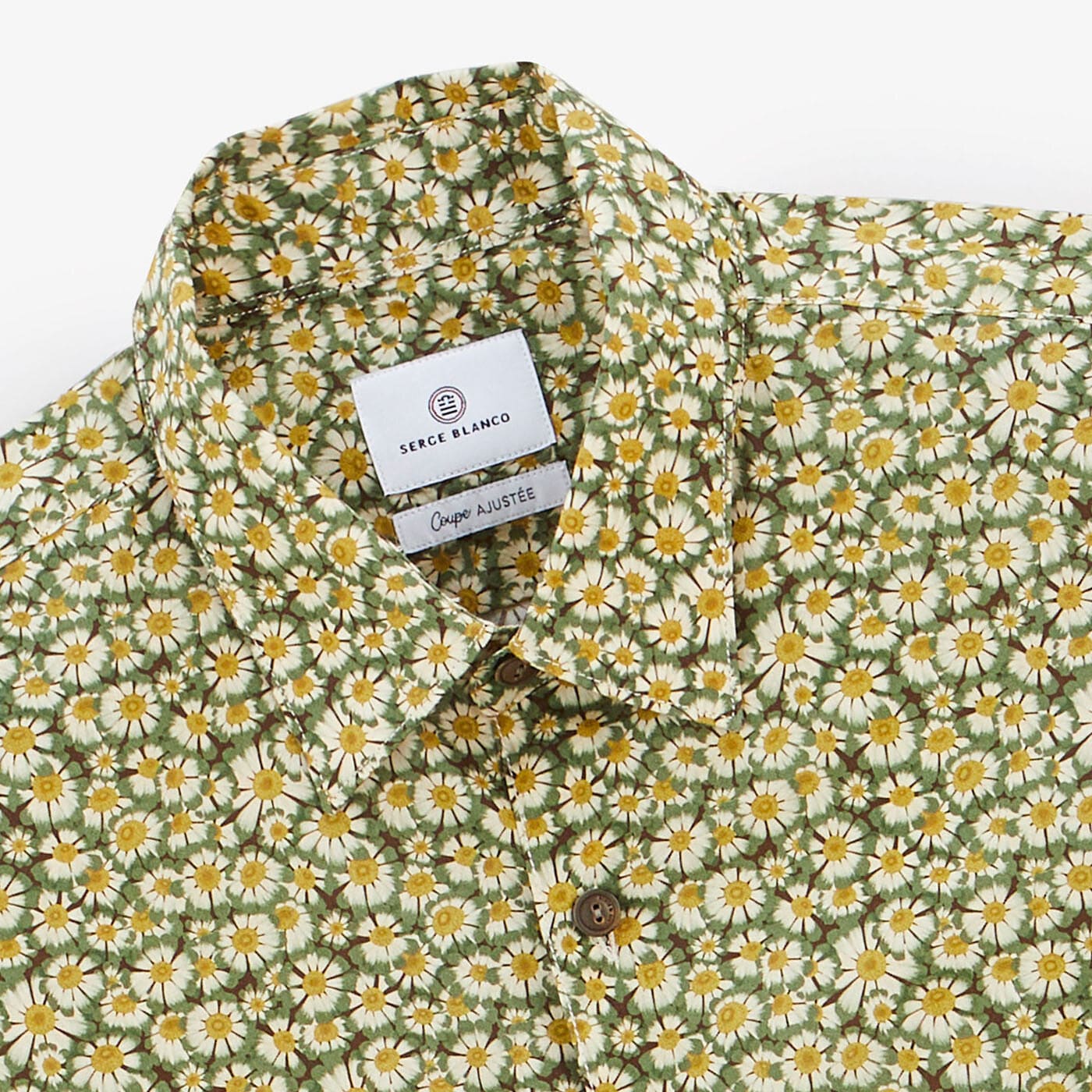 Olive green daisy long-sleeved cotton shirt