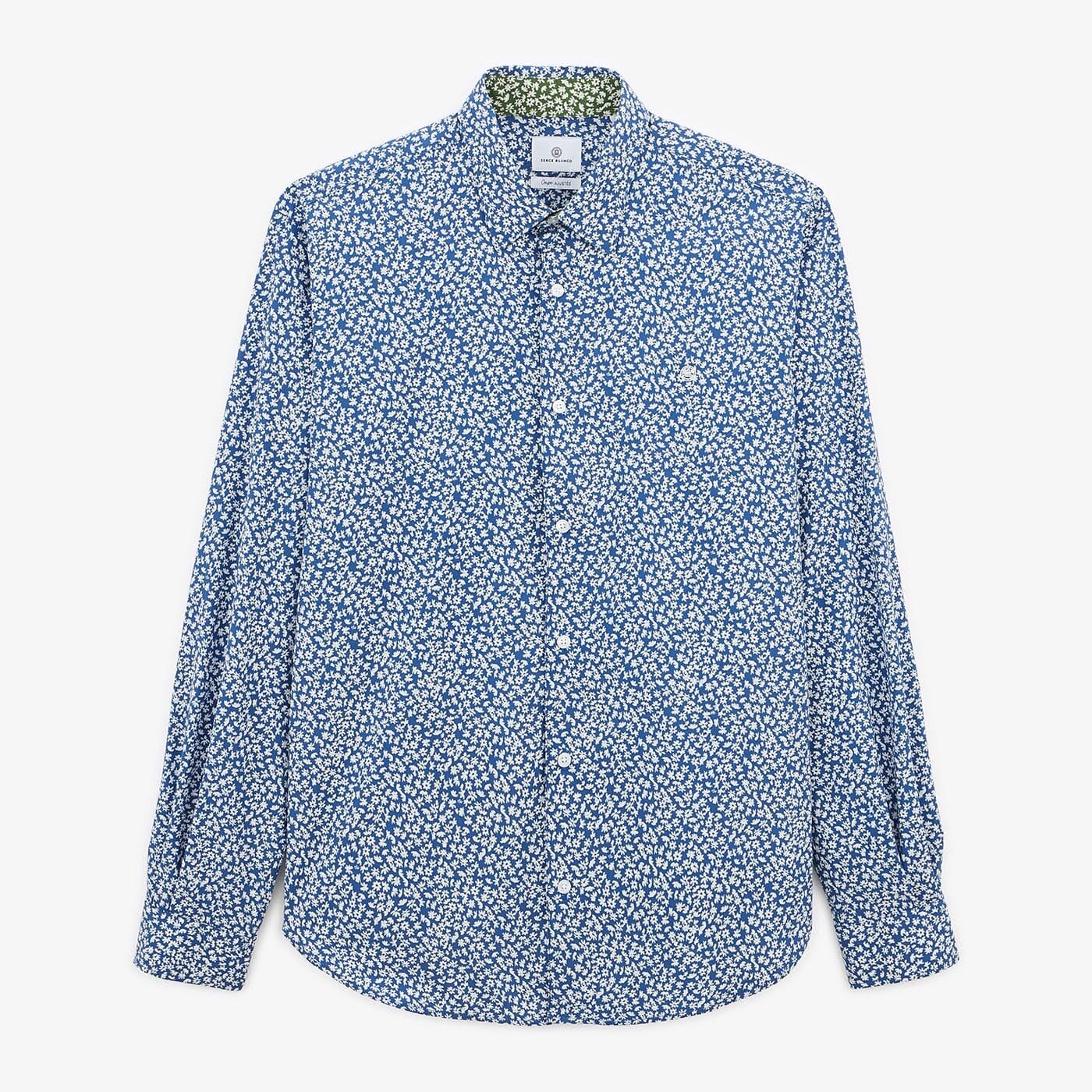 Ocean blue floral print long-sleeved cotton shirt